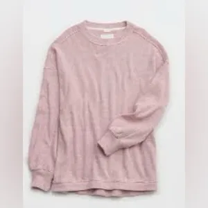 Aerie Red White Waffeknit Oversized Crewneck Pullover Sweatshirt thumbnail 2