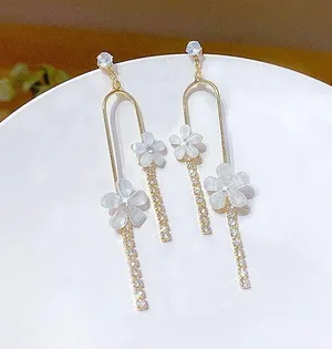 Women's Crystal Flower Dangle Drop Earrings Gold thumbnail 2
