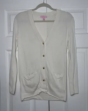 Lilly Pulitzer Ribbed V-Neck Cardigan Womens Size XS‎ White Gold Button Cotton thumbnail 1
