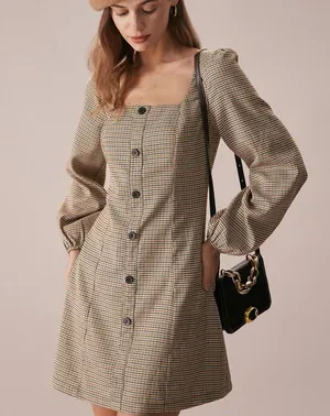 RIHOAS The Khaki Square Neck Plaid Button Mini Dress M 68 thumbnail 4