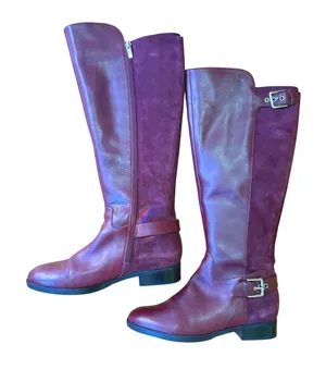 Marc Fisher Riding Boots Burgundy Leather Suede Buckle Wide Calf Womens 7W thumbnail 1
