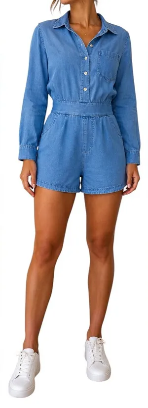 Blue Chambray Button Front Collared Romper Elastic Waist Size S thumbnail 1