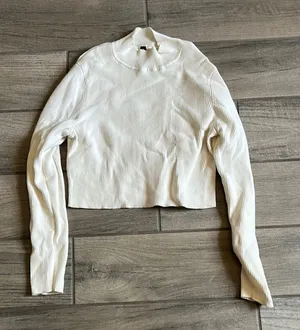 Divided White Cream Long Sleeve Crop Top with Mandarin Collar thumbnail 1