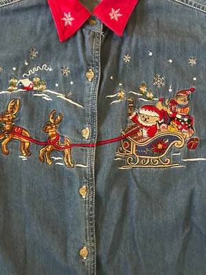 Y2K Bobbie Brooks Santa Reindeer Embroidered Denim Button-Down Shirt Size Large thumbnail 7