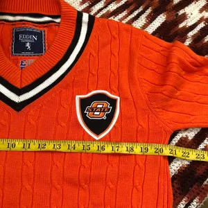 Oklahoma State University OSU Preppy Cable Knit Chunky V-Neck Sweater Collegiate Long Sleeve Orange White Sz L Measurement in pics thumbnail 6