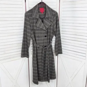 Jennifer Lopez Trench Coat Women Large Grey Plaid Double Breasted Lightweight‎ thumbnail 11