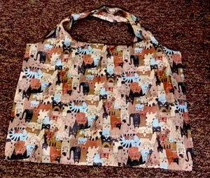 Cat Pattern Portable Reusable Shopping / Grocery Bag Brown thumbnail 1