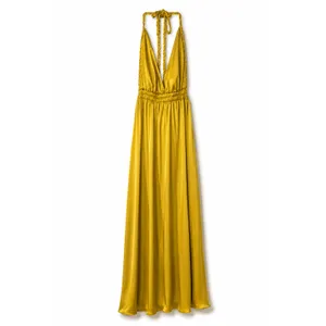 LoveShackFancy Golden Satin Plunge V-Neck Braided Halter Open Back Maxi Dress thumbnail 8