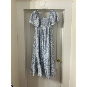 Blue Smocked Floral Toile Puff Sleeve Maxi Dress Cottagecore Ruffle Modest Sz 6 thumbnail 2