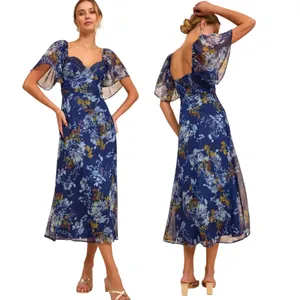 Lulus Valla Navy Blue Floral Flutter Sleeve Midi Dress size Large NWT thumbnail 2
