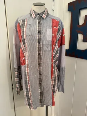 Free People women’s “All Patched up”Striped Panel Button-Down Shirt Sz S thumbnail 2