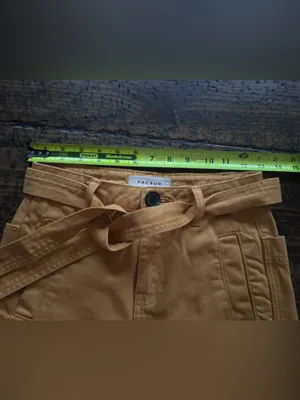 PacSun Mustard Yellow Denim Mini Skirt Belted Raw Hem‎ Pockets Size 23 thumbnail 7