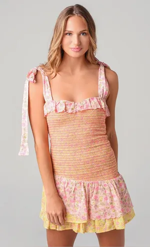 LoveShackFancy Aya Smocked Ruffled Sundress in Chateau Rose thumbnail 1