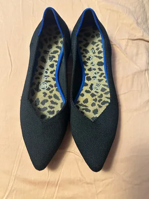 Rothy's Black Pointed Knit Flats with Blue Trim and Leopard Insole thumbnail 2