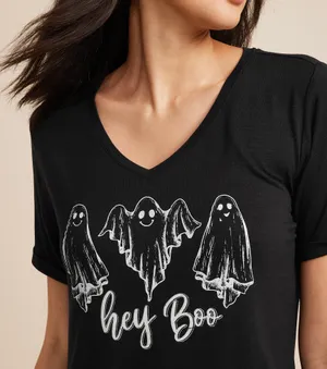 Maurices Hey Boo Halloween Ghost Graphic Tee Black V-neck Short Sleeve thumbnail 1