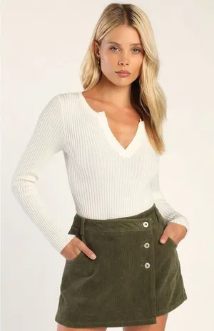 Lulus Cooler Days Corduroy Skort | Skirt in Olive Green thumbnail 1