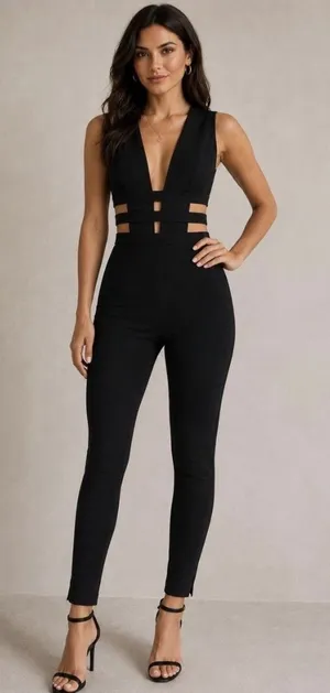 Tiger Mist black jumpsuit featuring a deep plunging neckline Size Small Cutouts thumbnail 1