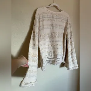 Free People Fringed Chunky Knit Embroidered Sweater Sz Large Flare Sleeves‎ thumbnail 6