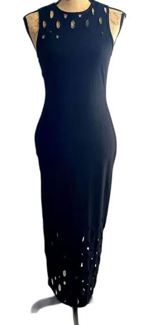 Trouve‎ Black Laser Cut Out Sleeveless Bodycon Midi Dress Goth Party LBD Size XS thumbnail 1
