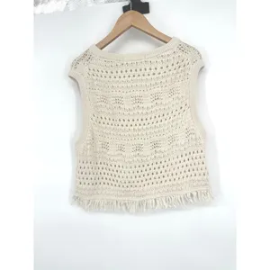 Boden Crochet Sweater Crop Womens L Ivory Fringe Festival Boho Coastal Western thumbnail 5