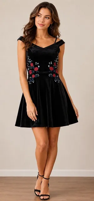 Francesca's Black Velvet Floral Embroidered‎ Cold Shoulder Mini Dress Small thumbnail 1