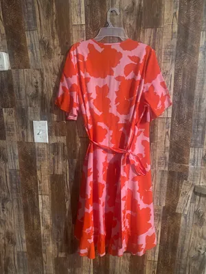 Plus size casual dress women's floral print short sleeve surplice neck ruffle trim asymmetrical hem wrap dress. Orange size 1xl. Like new thumbnail 2