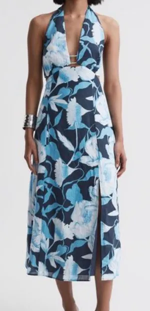 Reiss Kaia Linen Halter Neck Midi Dress‎ Size 6 Black Blue Keyhole Vacation thumbnail 1