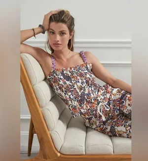 ANTHROPOLOGIE Verona Smocked Pajama Lounge Top Paisley Floral Crop Modal Size XL thumbnail 6