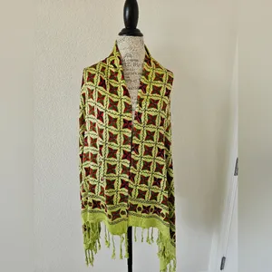 Chartreuse & Red Geometric Star Pashmina Scarf with Tassel Fringe thumbnail 2