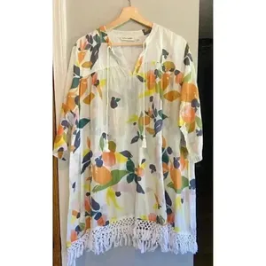Roller Rabbit Tunic Top Serafina Fruit Print Cotton Gauze Fringe XL‎ Swim Resort thumbnail 4