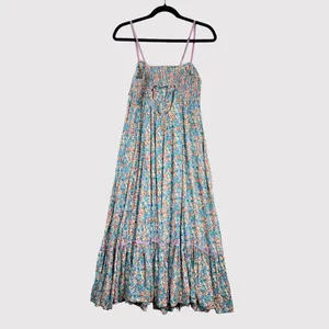 Free People Maxi Dress Blue Molly Jo Floral Button Down Cutout Back Smocked XS thumbnail 3