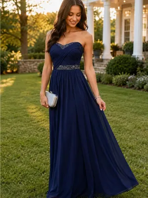 Bloomingdale’s AQUA Navy Blue Beaded Strapless Chiffon Formal Gown Dress Size 4 thumbnail 8