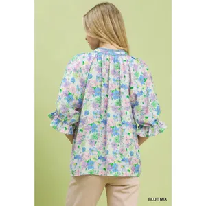 Umgee Mix Floral Print Ruffle Top - Blue mix -‎ Small thumbnail 3