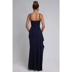 NWT Babyboo Violetta Navy Blue Ruched High Slit Ruffle Maxi Dress Womens Size XS thumbnail 8
