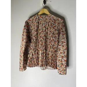 Vince Womens Pomegranate Floral Pleated Long Sleeve Blouse Tan Orange Small thumbnail 2