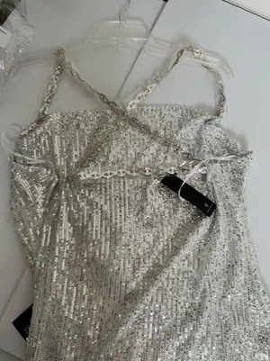 NWT Lulu's Famous Behavior Silver Sequin Cowl Neck Mini Dress Large New thumbnail 7