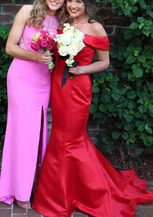 Dave & Johnny Tomato Red Off-the-Shoulder Dress with beautiful, long train thumbnail 1