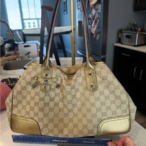 Gucci Beige GG Canvas Shoulder Bag with Gold Metallic Trim thumbnail 12