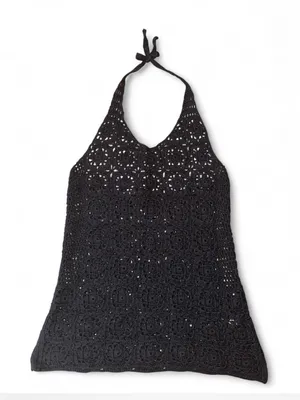 Fairy Grunge Poster Girl black crochet halter tank top XL Cottage Boho Rave Lace thumbnail 1
