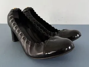Tory Burch Abbey 2 Mid Heel Black Leather‎ Cap Toe Block Heel Pumps thumbnail 1
