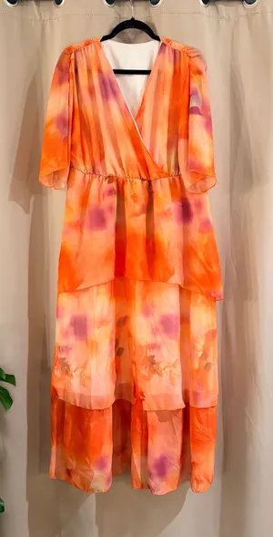 Source Unknown Orange and Pink High-Low Tiered Midi Dress thumbnail 1