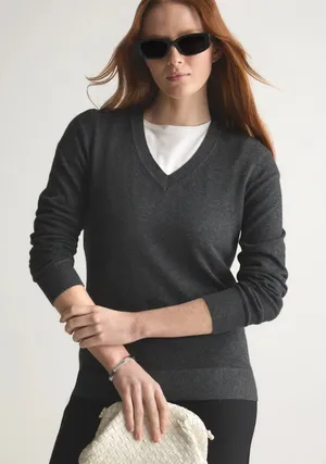 NWT Quince Lightweight Cotton Cashmere V-Neck Sweater Heather Charcoal Sz S 🧡🎀 thumbnail 1