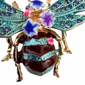 Jeweled Bee Brooch Gold Tone Enamel Rhinestone Floral Insect Pin thumbnail 3