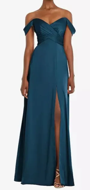 NWT Dessy‎ Dress Size 0 OFF-THE-SHOULDER DRAPED NECKLINE MAXI Atlantic Blue thumbnail 1