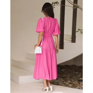 NEW Puff Sleeve V Neck A-line Flowy Tiered Midi Dress Barbie core L thumbnail 4