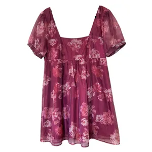 Wild Fable Short Dress SZ XL Burgundy Sheer Floral Smocking Short Puffy Sleeves thumbnail 2