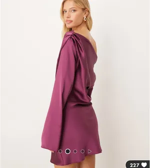 ASOS Design satin drape long sleeve off the shoulder mini dress in plum thumbnail 4
