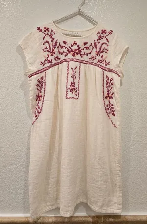 THML ivory cap-sleeve gauze Floral Embroidered Dress L thumbnail 1