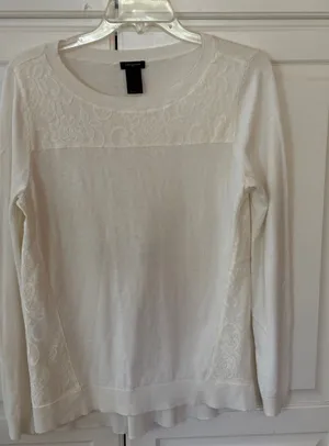 Ann Taylor Womens White Lace Panel Long Sleeve‎ Sweater Cotton Blend Size S thumbnail 1