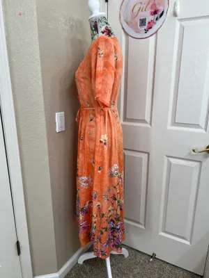 La Cera Orange Floral Button-Front Midi Dress Short Sleeve with Pockets Size M thumbnail 6